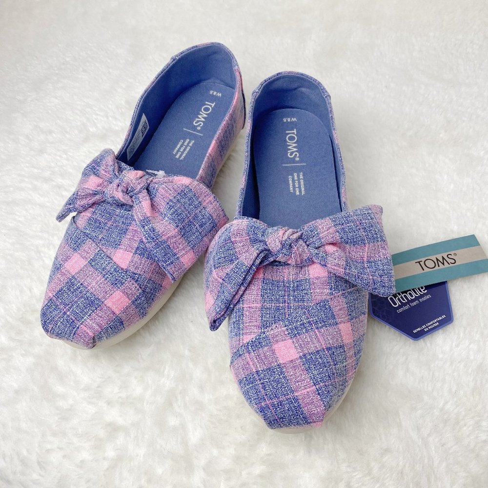 Toms Alpargata Plaid, Bow, Ortholite Comfort foam insoles, Pink Multi, Size 8.5